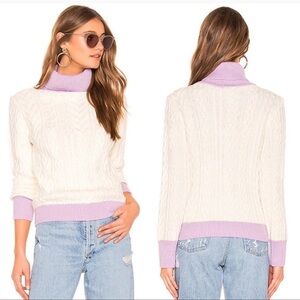 Tularosa Small Wool Blend White Purple Colorblock Cable Knit Turtleneck Sweater